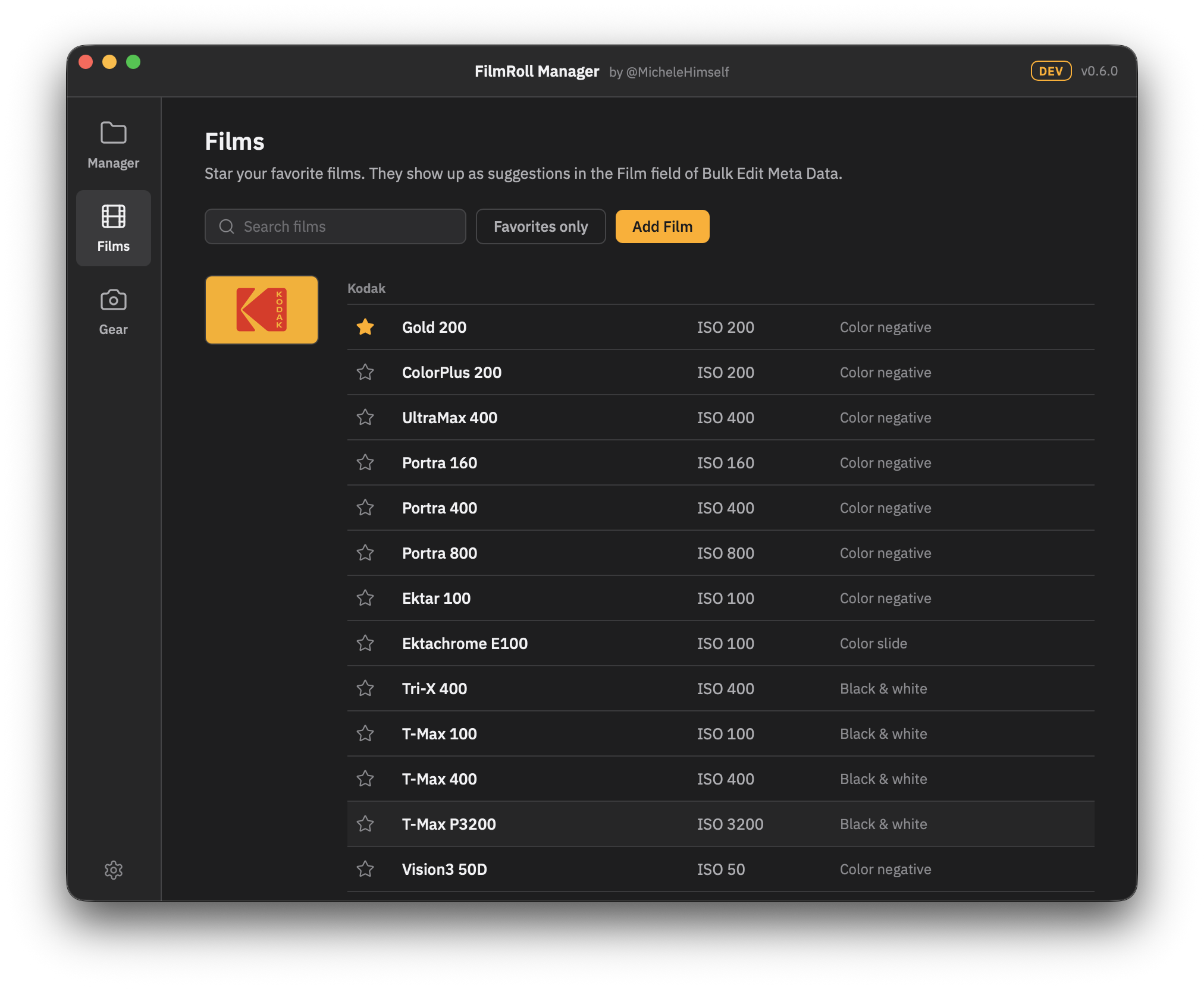 The Films page of FilmRoll Manager with a list of film stocks and favorites